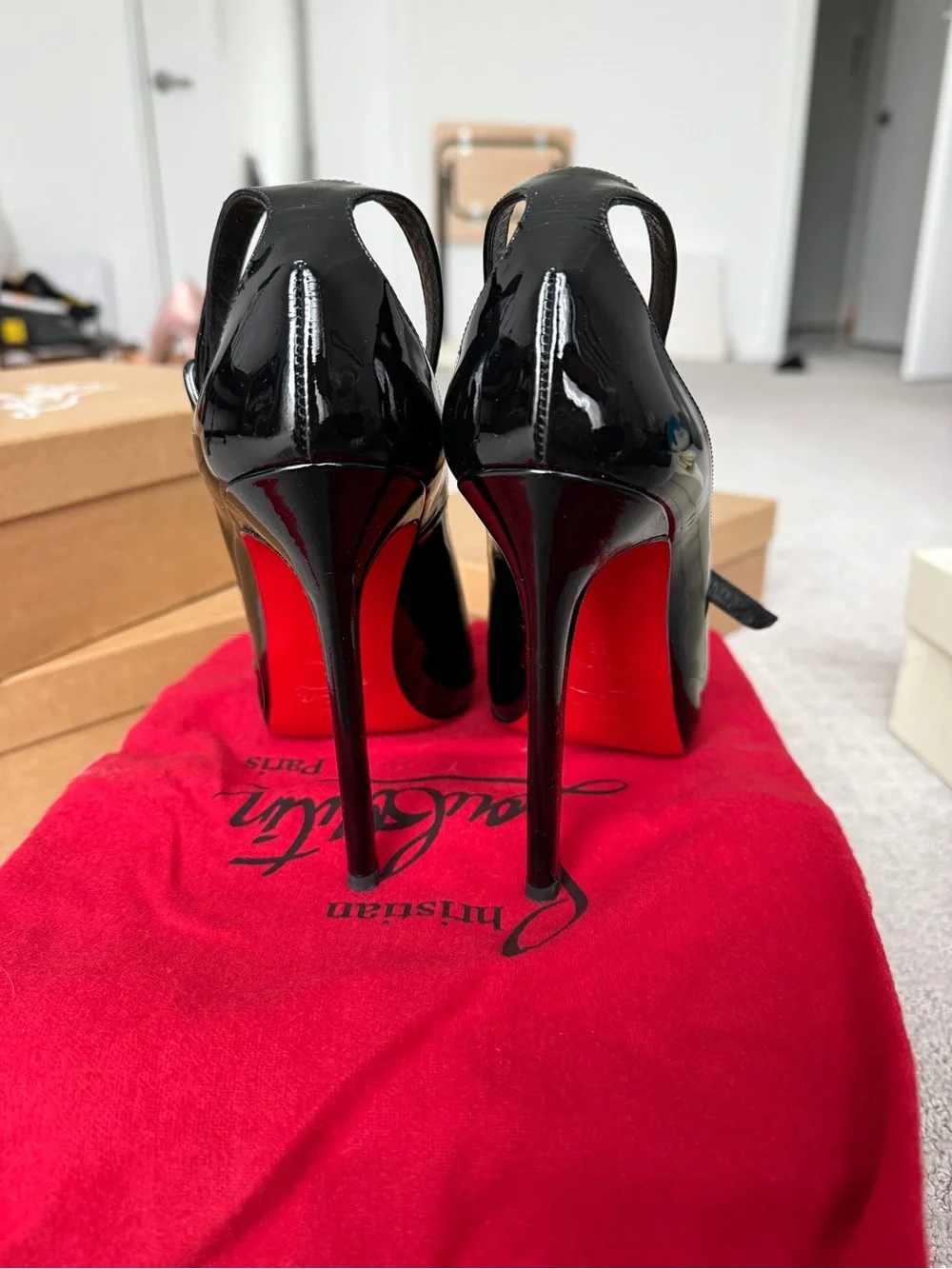Christian Louboutin Black Patent Leather Peep-Toe Heels